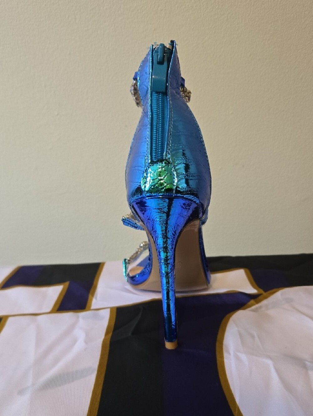 Iridescent Blue Strappy High Heel Sandal with Crystal Accents - Picture 4 of 5